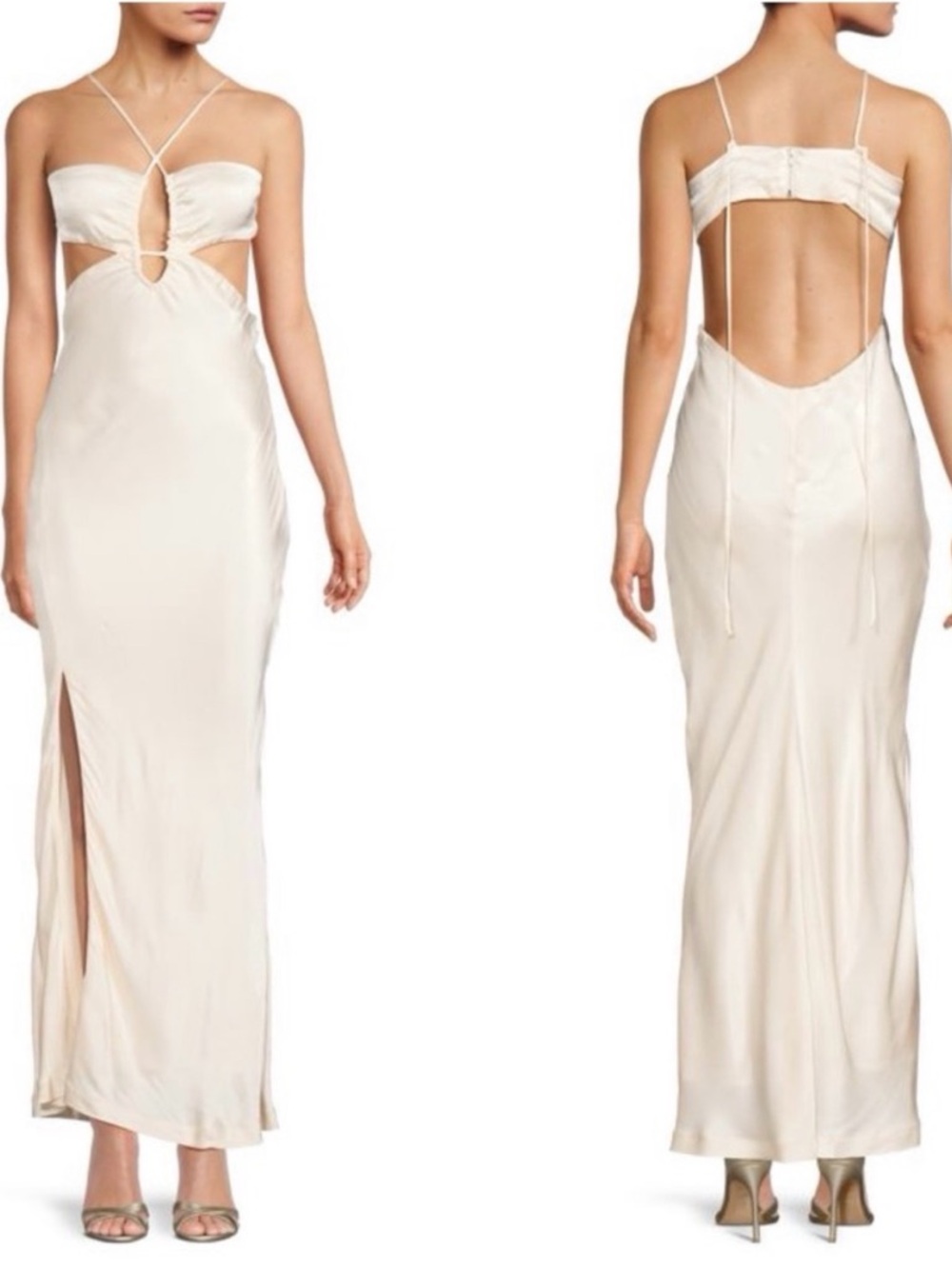 Bardot Daring Satin Ivory Maxi Dress with Cutout & Open Back